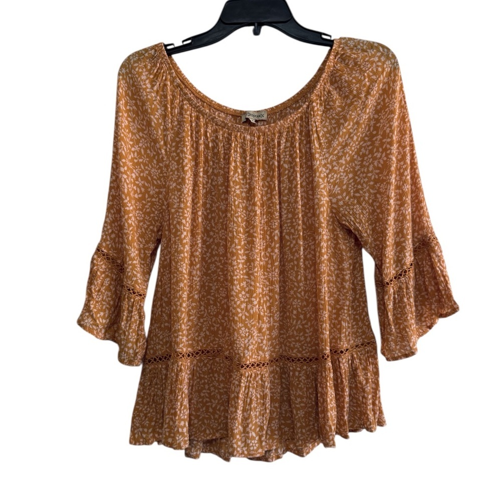 Democracy Boho Floral Peasant Top Mustard Yellow Bell Sleeve Crochet Trim